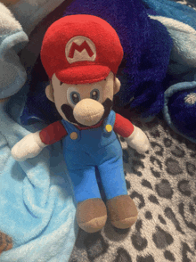 a stuffed mario with a m on his hat