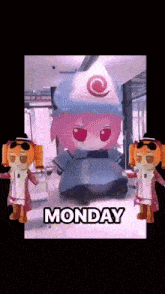 two stuffed animals are standing next to a stuffed animal that says monday