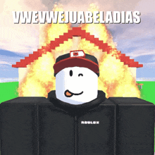 a roblox character is standing in front of a house on fire