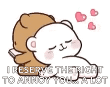 a brown and white teddy bear laying next to each other with hearts around them .