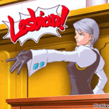 a cartoon of a woman in a courtroom with a sign that says lesbian