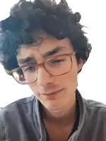 a young man with curly hair wearing glasses and a gray shirt