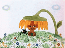 a cartoon character is sitting under a sunflower in a field of flowers