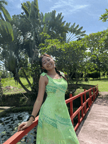 a girl in a green dress stands on a bridge