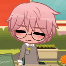 a cartoon character with glasses and a bag of compost