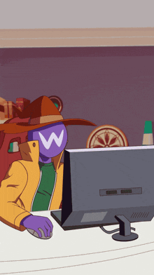 a cartoon character with a w on his face looks at a computer