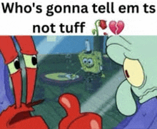 spongebob and squidward from spongebob squarepants are standing next to each other .