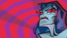a cartoon character with red eyes is standing next to another character with a purple background .