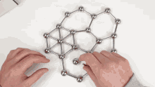 a person is playing with a molecular model on a white surface