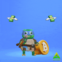 a cartoon turtle holding a coin with the word i believe above it