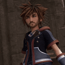 sora from kingdom hearts 3 has a beard and is wearing a black and red jacket .