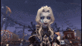 a cartoon character is standing in front of a roller coaster in a video game .