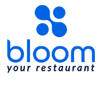 a logo for bloom your restaurant with a blue flower in the middle