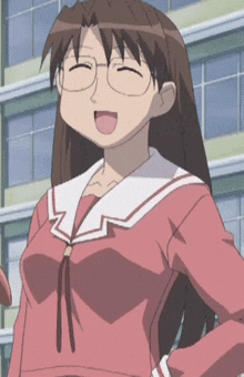 a girl with glasses and a pink shirt is smiling with her eyes closed