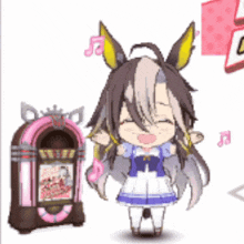 a cartoon girl is standing next to a jukebox with music notes coming out of it .