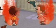 two cartoon characters are standing in a room with red smoke coming from them