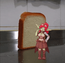 a cartoon of a girl standing next to a slice of bread