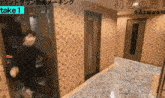 a person walking down a hallway with a sign that says take 1 on it