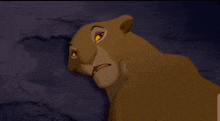 a cartoon lioness with yellow eyes looks up at something