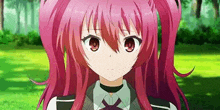 a girl with red hair and red eyes is standing in a field .