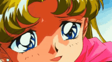 a close up of a girl 's face with blue eyes and a pink scarf .