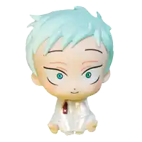 a figurine of a child with blue hair and a red tie