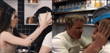 a woman holds a piece of bread over a man 's face in a kitchen