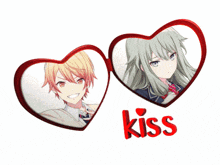 a boy and a girl are in a heart shaped frame with the word kiss below them