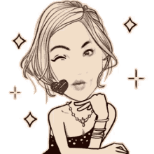 a black and white drawing of a woman blowing a kiss with a heart in her mouth .