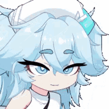 a pixel art drawing of a girl with long blue hair and a hat .