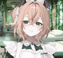 a girl in a maid outfit has a name tag that says nimi