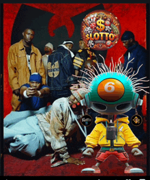 a group of men are standing in front of a balloon that says lotto on it