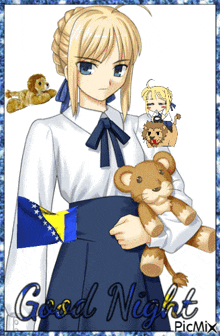a picture of a girl holding a teddy bear with the words good night on the bottom