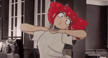 a cartoon of a girl with red hair is standing in a living room .