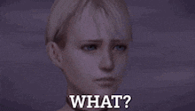 a woman with short blonde hair and blue eyes says what