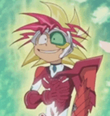 a cartoon character with red hair and green eyes is wearing a red armor and holding a shield .