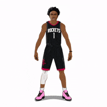 a basketball player for the rockets stands in front of a rainbow background