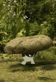 a cartoon cat carrying a large rock on his head