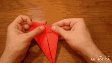 a person is making a red origami object with the words made in animotica on the bottom