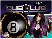 a woman with purple hair is holding a pool cue in front of a cue club logo