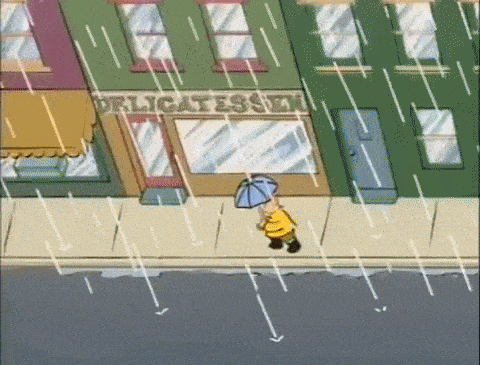 Little Lulu and Tubby unknowingly pass each other in the rain