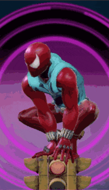 a pixel art of a man in a red spiderman suit kneeling on a traffic light