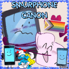 a picture of smurfs and a canon phone with a rainbow flag on it