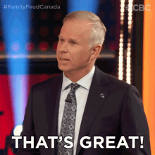 a man in a suit and tie is saying " that 's great "