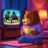 a cartoon of a bear eating popcorn and watching a movie that says i got you