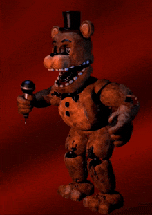 a teddy bear with a top hat is holding a microphone in his hand