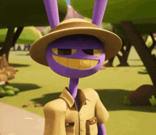 a purple cartoon character wearing a hat and khaki shirt