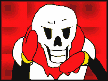 a pixel art drawing of a skull with a red scarf around his neck