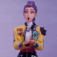 a cartoon girl with purple hair is wearing a yellow jacket and a white crop top