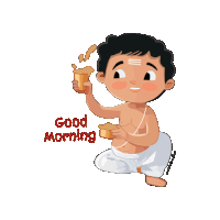 a cartoon of a man holding a cup that says good morning on it